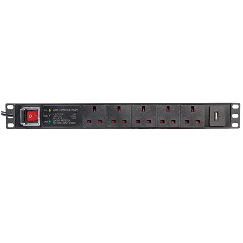 PULSE PDS5-USB-SRG - 5 Way UK + USB PDU with Surge Protection, 19