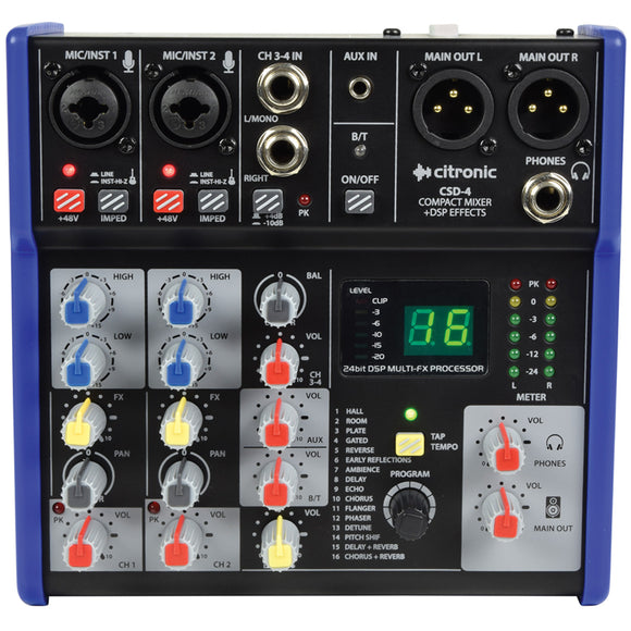 Citronic CSD-4 -  4 Channel Mixer with BT and DSP Effects - AV SOS