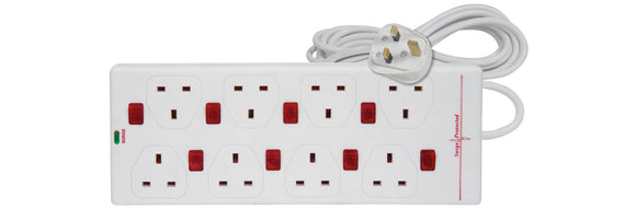 MERCURY 8 Gang Extension Lead with Surge Protection & 8 Neon Switches 13A 2M / White